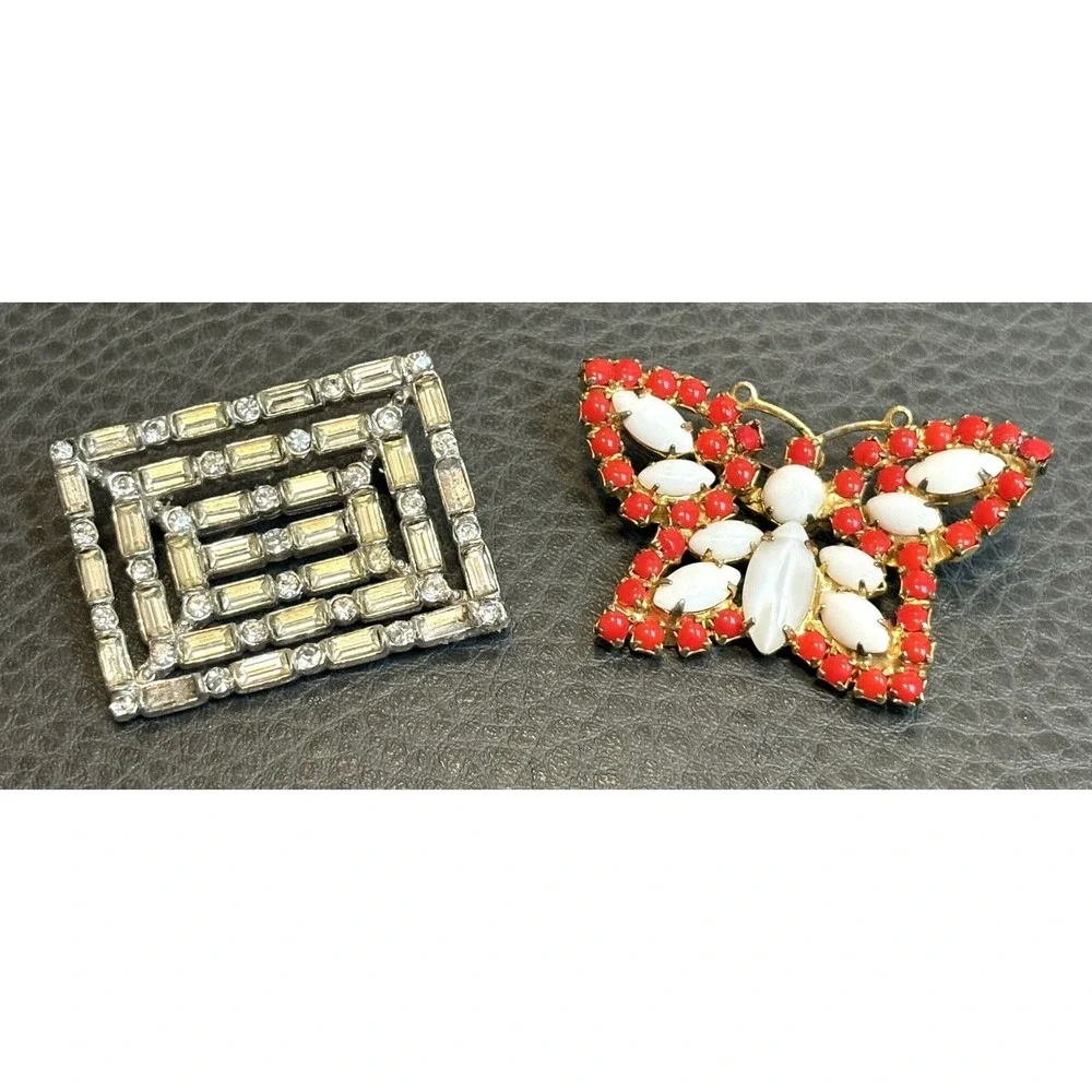 VTG Lot 2 Milk Glass Red Rhinestone Butterfly & Clear Crystal Deco Brooch REPAIR